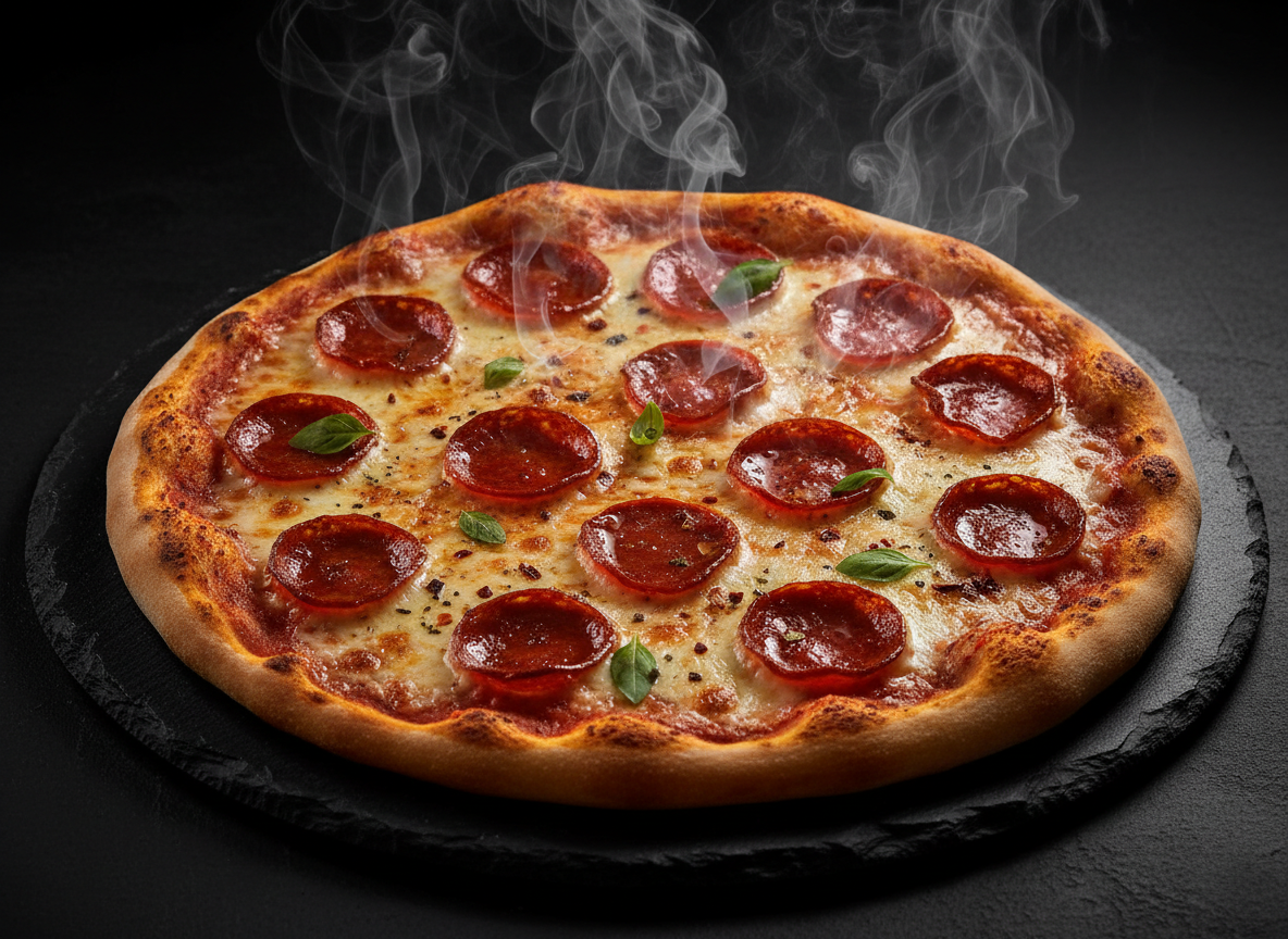 Fresh hot pepperoni pizza on a dark slate surface