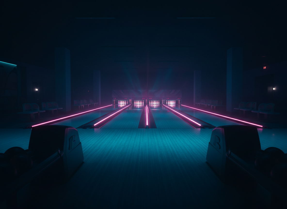 A moody, atmospheric photo of a bowling alley at night lit with neon pink and cyan lights reflecting off polished lanes.